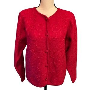 Herman Geist Sweater Women Sz M Red Wool Embroidered Button Front Chore Cardigan